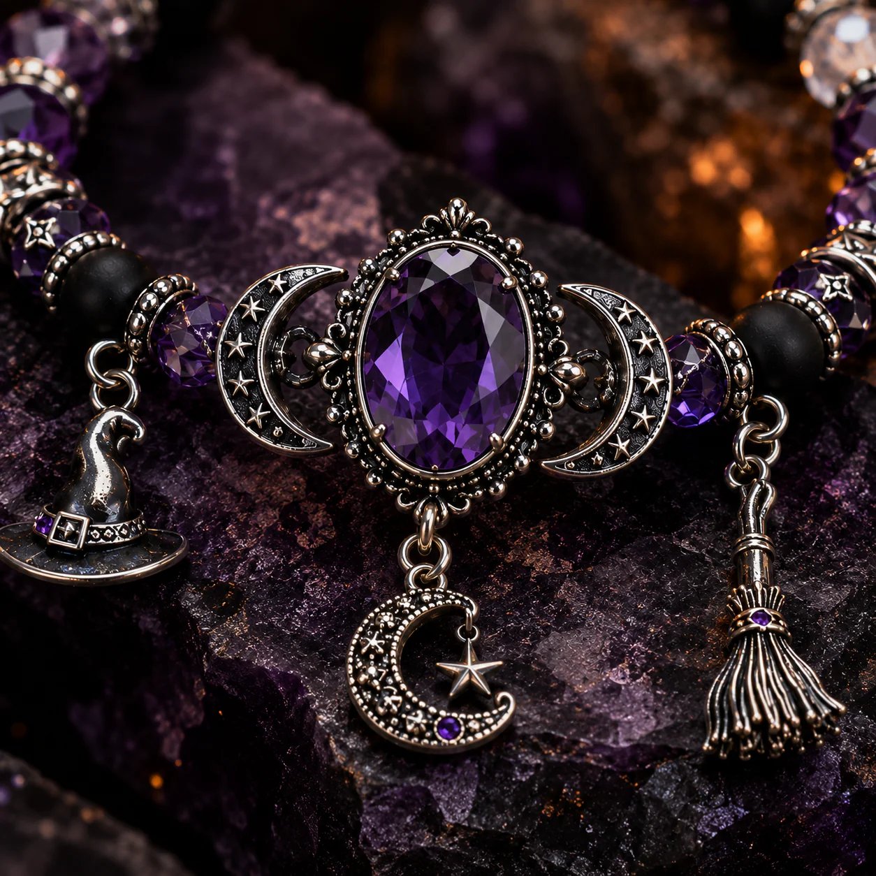 🔮 Witch’s Crystal Moon Charm Bracelet
