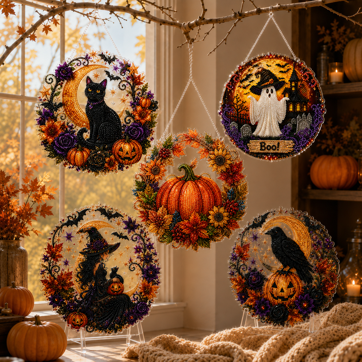 🎃 Limited Offer | Lucky Black Cat Moon Crystal Art Hanging Ornament Kit – Wholesome Family-Friendly Autumn Halloween DIY Craft Set