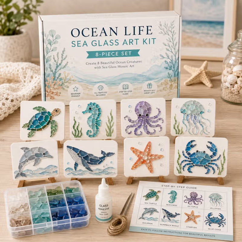 Coastal Sea Glass Mosaic Art DIY Kit – Handmade Seaside Themed Wall Decor Craft Set
