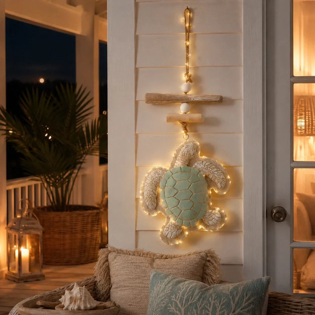 Lit Coastal Sea Turtle Hanging Wall Art | LED Lighted Turtle Wall Ornament