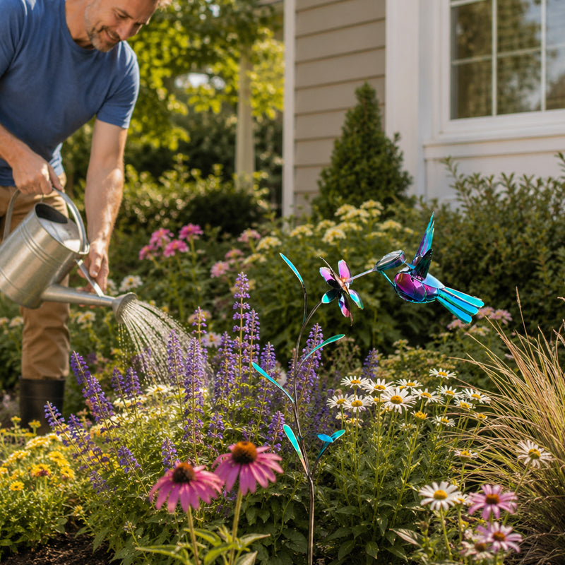 Iridescent Dazzling Hummingbird Wind Spinner Stake – Colourful Metal Weatherproof Garden Ornament