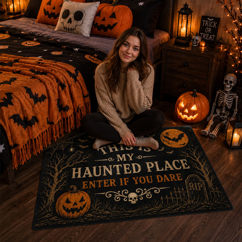 Vintage Halloween Haunted Place Doormat – Spooky Front Door Welcome Mat