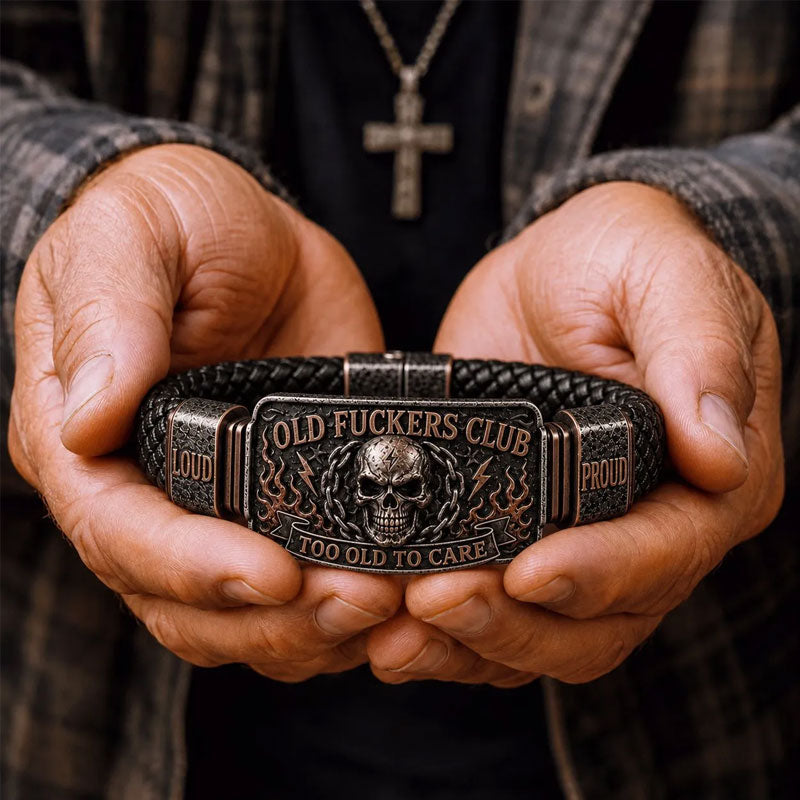 Old F*ckers Club Braided Leather Bracelet – Too Old To Care Slogan Wristband