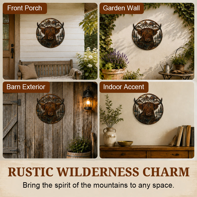 Rustic Highland Cow Mountain Scene Metal Wall Art | Indoor & Garden Wall Plaque