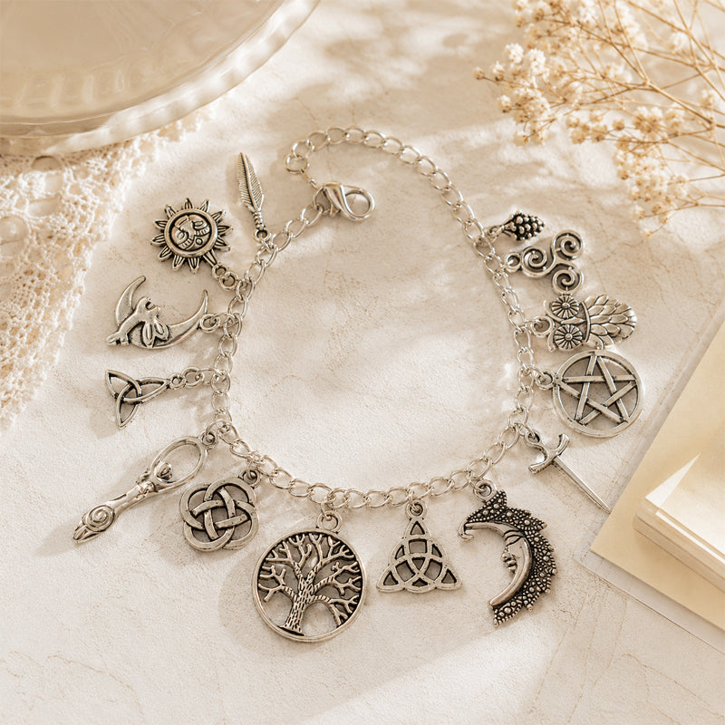 Celestial Celtic Symbol Charm Bracelet – Silver Sun Moon Tree Pentagram Jewellery
