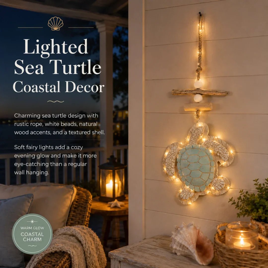 Lit Coastal Sea Turtle Hanging Wall Art | LED Lighted Turtle Wall Ornament