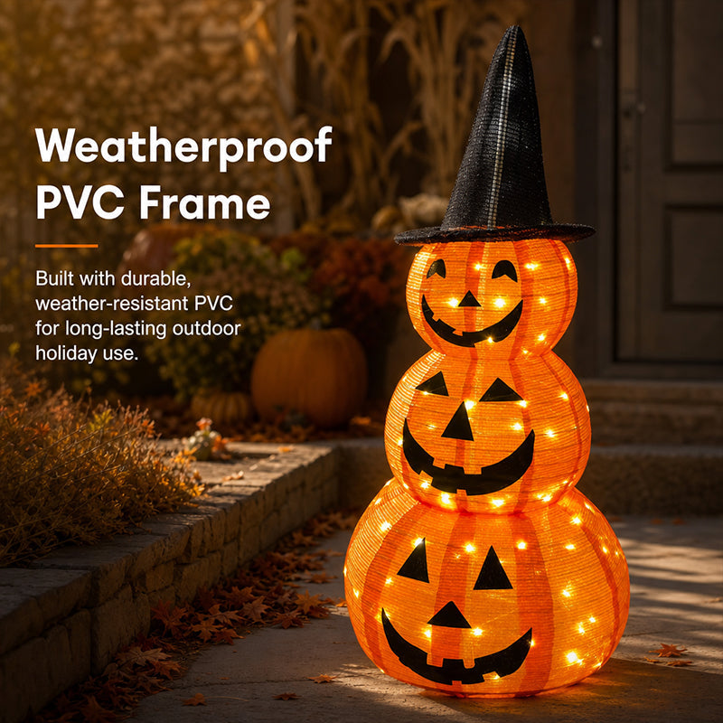 Illuminated Stacked Pumpkin Tower Plug-In Halloween Decor For Front Porch & Cottage Home