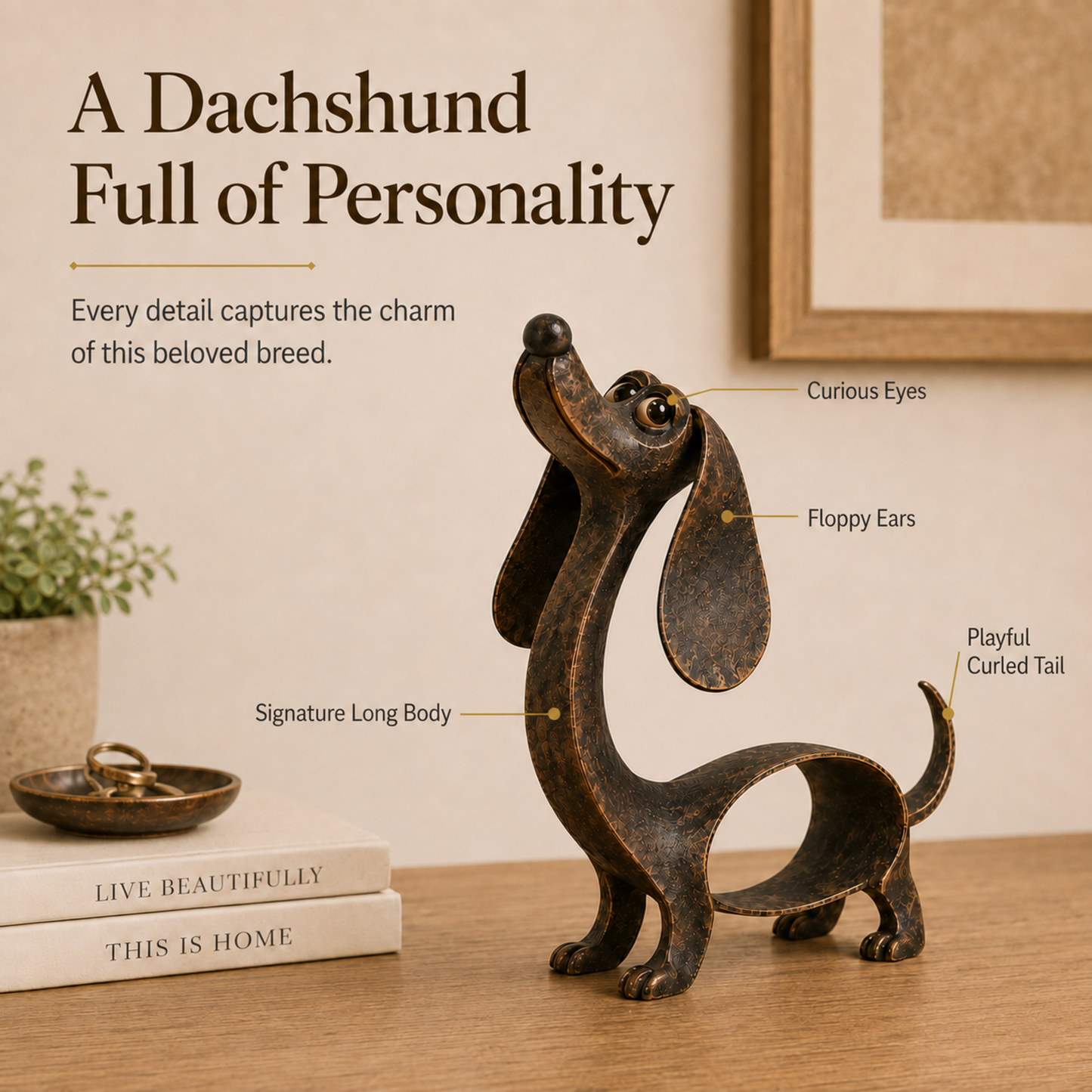 🐶 Antique Bronze Dachshund Sculpture | Vintage Home Garden Ornament