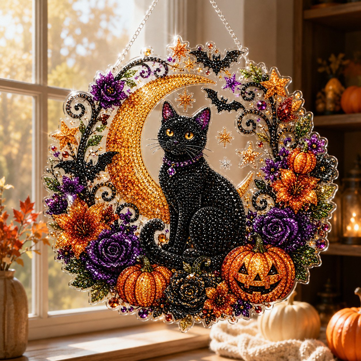 🎃 Limited Offer | Lucky Black Cat Moon Crystal Art Hanging Ornament Kit – Wholesome Family-Friendly Autumn Halloween DIY Craft Set