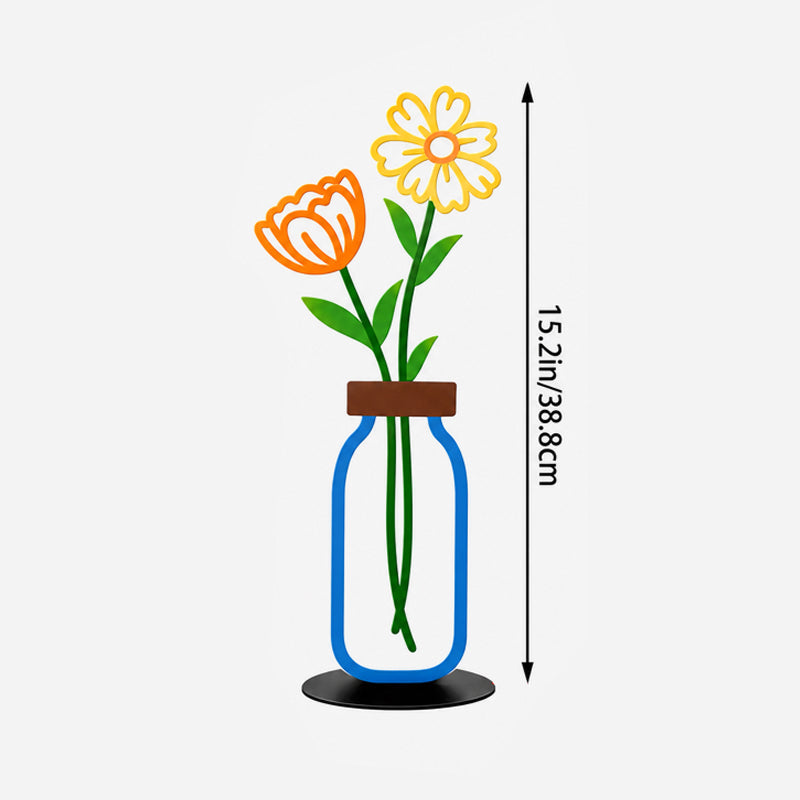 Decorative Floral Vase Ornament | Wooden Flower Vase Tabletop Decor, Daisy Tulip Ornament for Shelf & Desk
