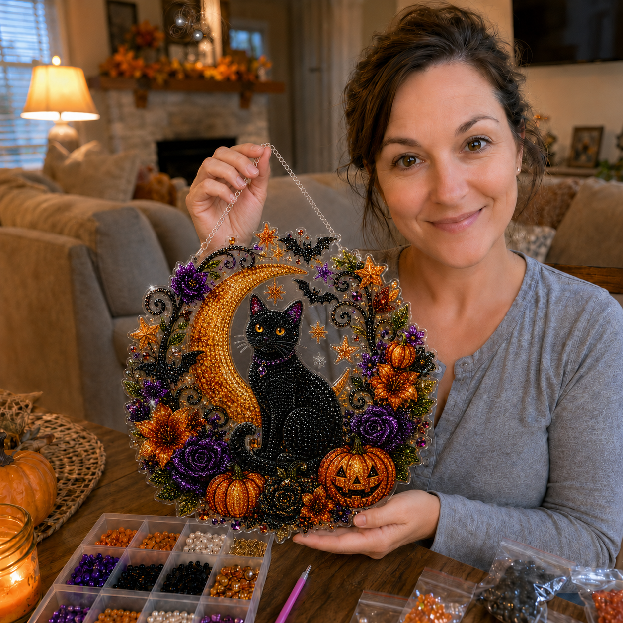🎃 Limited Offer | Lucky Black Cat Moon Crystal Art Hanging Ornament Kit – Wholesome Family-Friendly Autumn Halloween DIY Craft Set