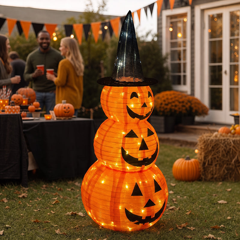 Illuminated Stacked Pumpkin Tower Plug-In Halloween Decor For Front Porch & Cottage Home