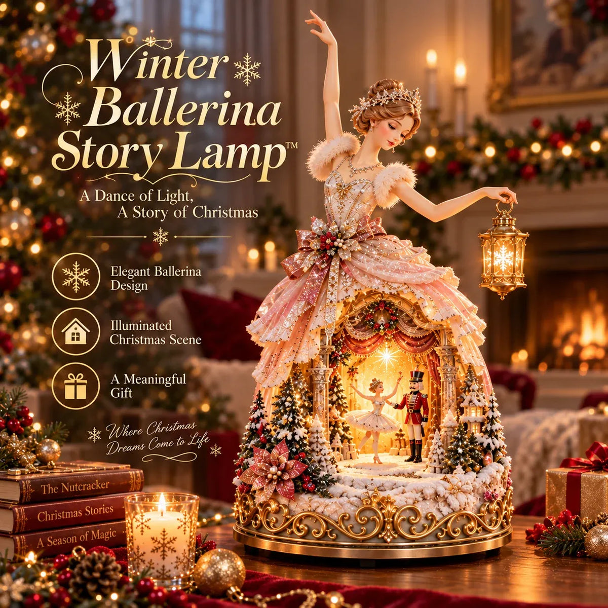 🩰  Winter Ballerina Story LampTM – Lighted Nutcracker Christmas Tabletop Decor