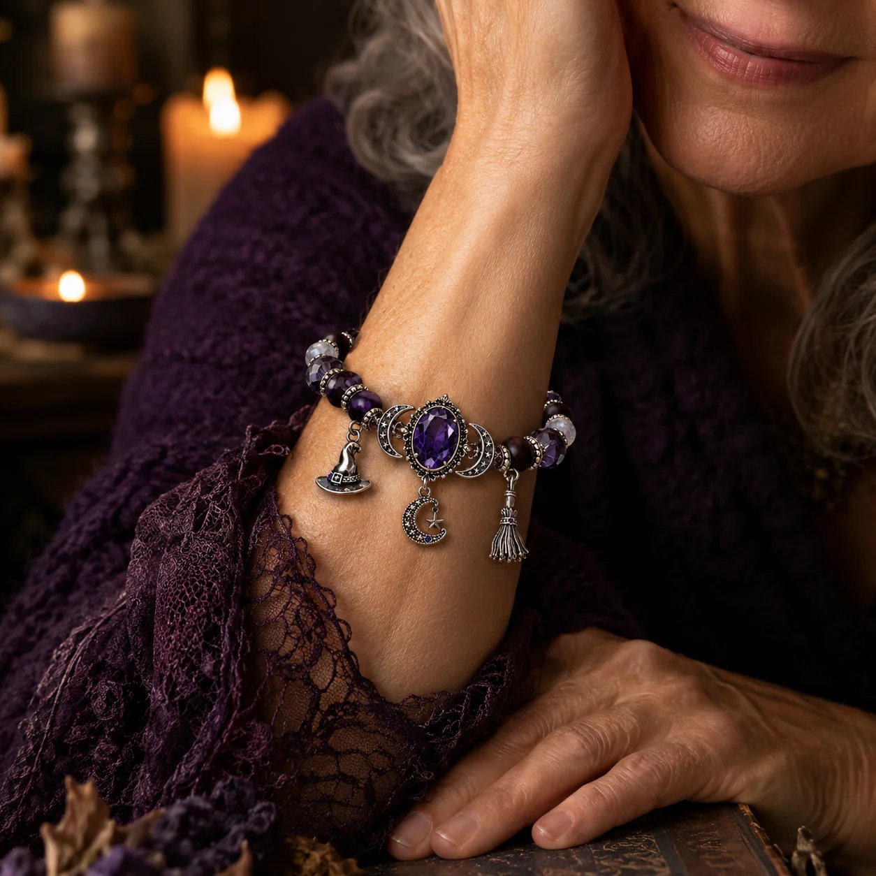 🔮 Witch’s Crystal Moon Charm Bracelet