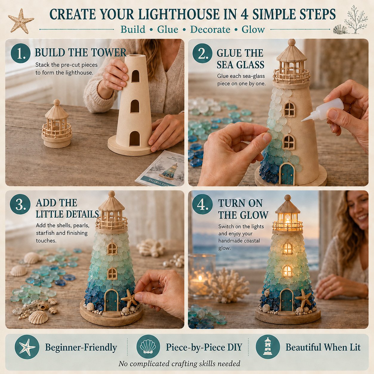 💥 LAST DAY 50% OFF - 💙 DIY Sea Glass Lighthouse Kit – Light-Up Coastal Craft & Handmade Home Decor