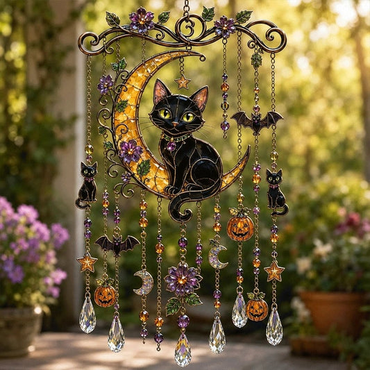 Stained Glass Halloween Suncatcher Wind Chime | Gothic Window Hanging Decorative Ornament