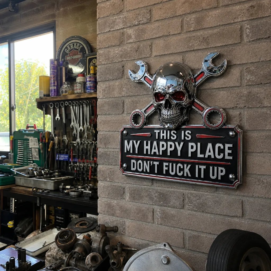 🔥Father's Day Special💀 "My Happy Place" Garage Wall Sign