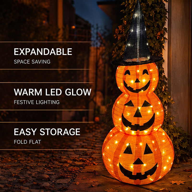 Illuminated Stacked Pumpkin Tower Plug-In Halloween Decor For Front Porch & Cottage Home