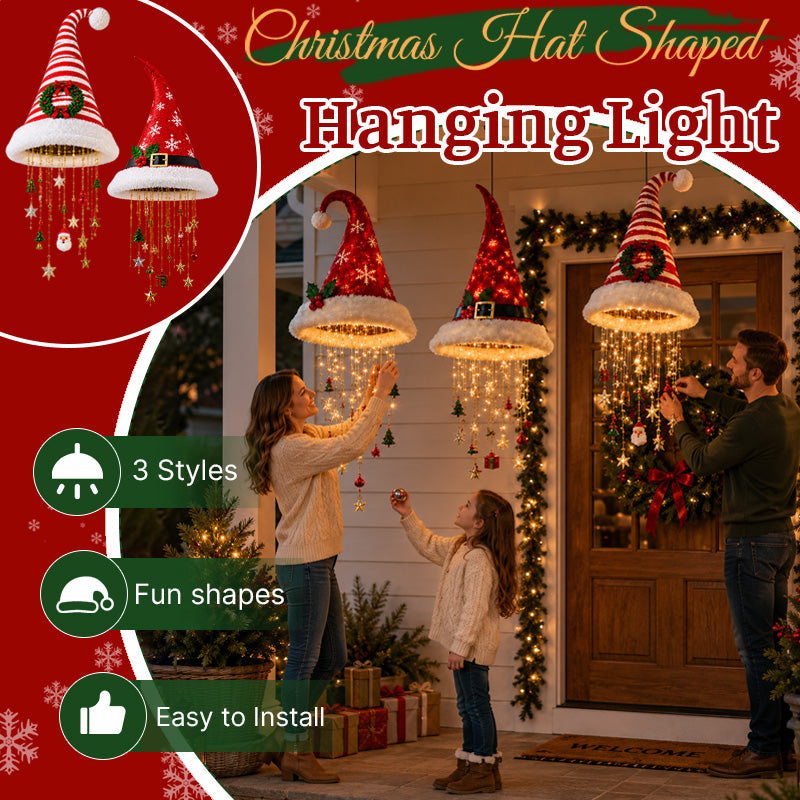 🎅 Light‑Up Christmas Hat Pendant Light, Festive LED Hanging Decoration For Home & Xmas Tree