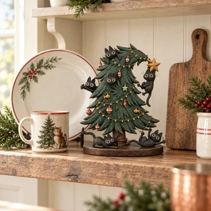 🐈🎄 Mischievous Black Cats Christmas Tree Figurine – Perfect Festive Decor for Cat Parents!