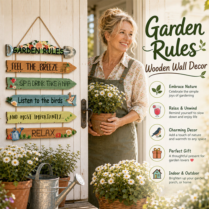 Garden Rules Wooden Hanging Sign – Cosy Cottage Garden Wall Décor 🌿🏡