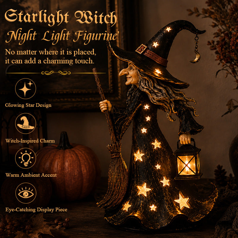 Starlight Witch Night Light Figurine | Halloween Witch Ornament with Warm LED Lights