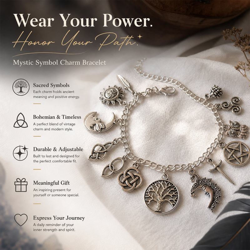 Celestial Celtic Symbol Charm Bracelet – Silver Sun Moon Tree Pentagram Jewellery