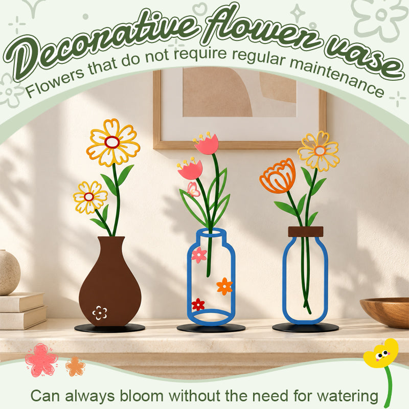 Decorative Floral Vase Ornament | Wooden Flower Vase Tabletop Decor, Daisy Tulip Ornament for Shelf & Desk