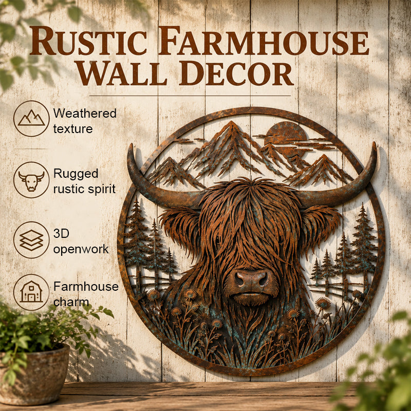 Rustic Highland Cow Mountain Scene Metal Wall Art | Indoor & Garden Wall Plaque