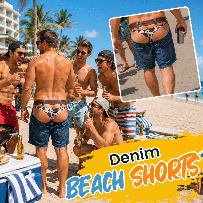 🏖️ Fake Denim‑Print Novelty Beach & Pool Shorts