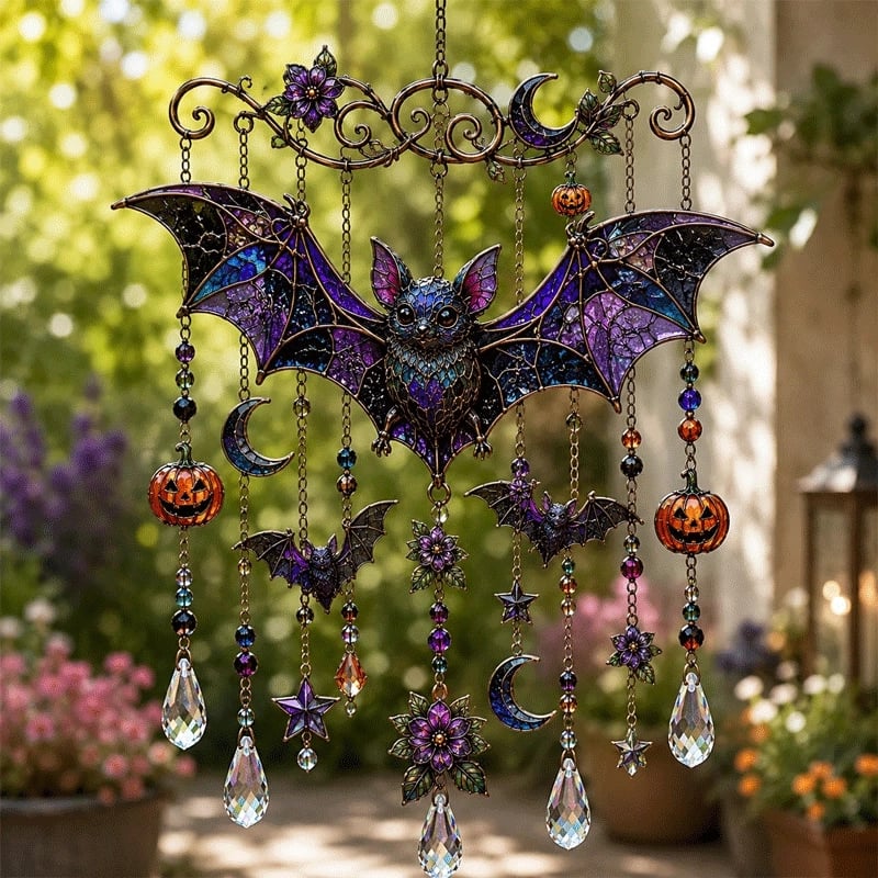 Stained Glass Halloween Suncatcher Wind Chime | Gothic Window Hanging Decorative Ornament