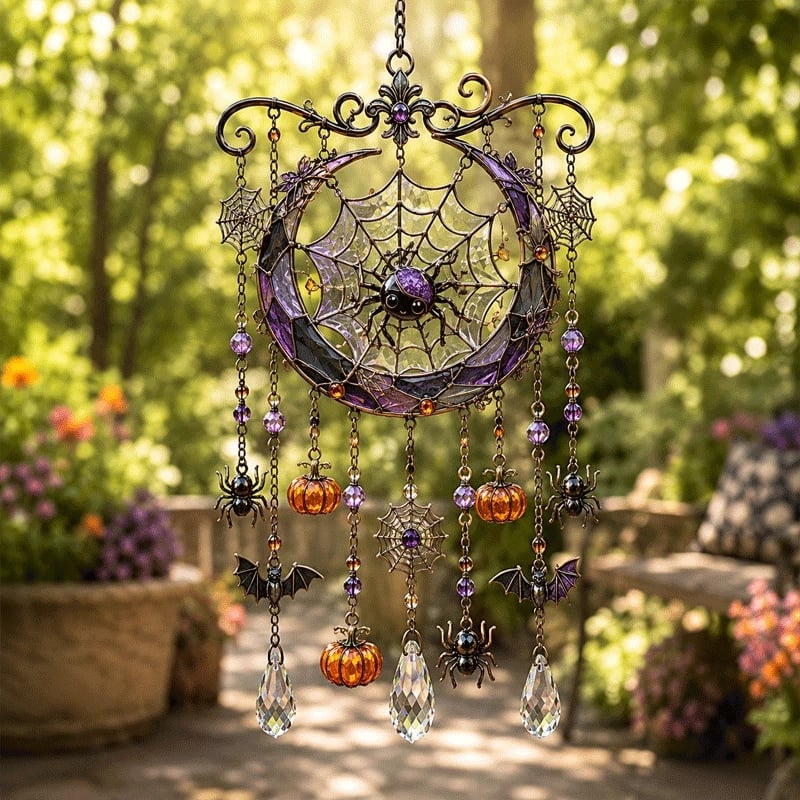 Stained Glass Halloween Suncatcher Wind Chime | Gothic Window Hanging Decorative Ornament