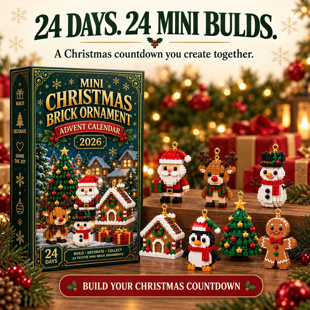 🎄Christmas Building Block Advent Calendar – 24 Mini Festive Ornaments