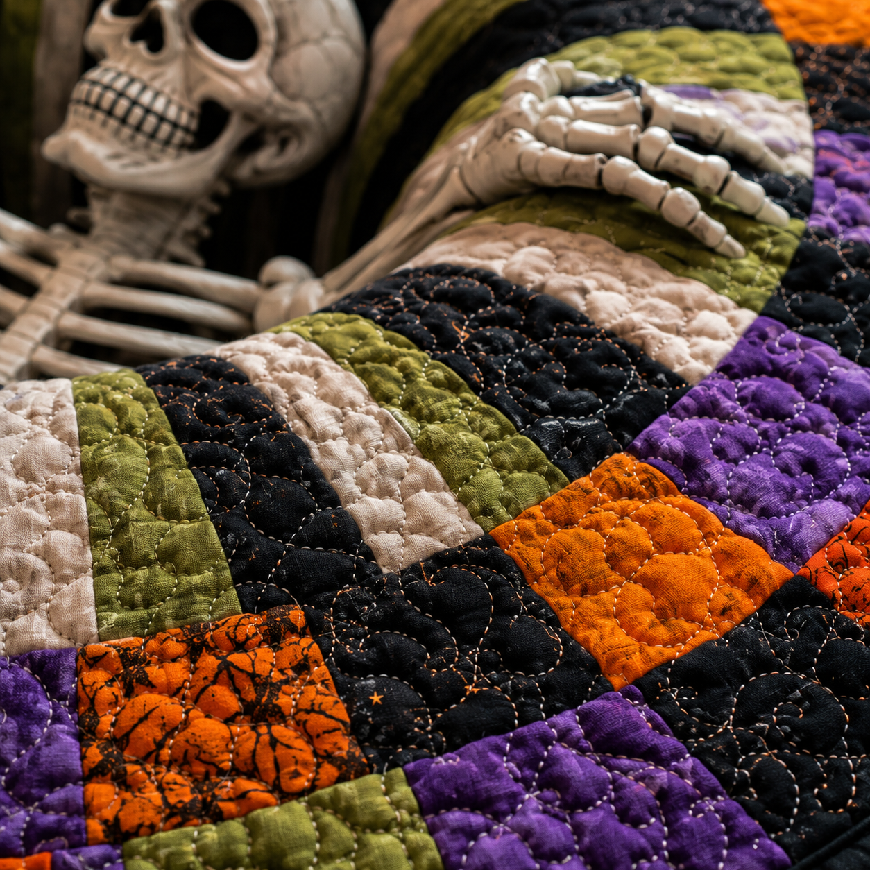 3D Skeleton Vortex Pattern Quilted Round Rug | Gothic Halloween Indoor Floor Mat Home Decor