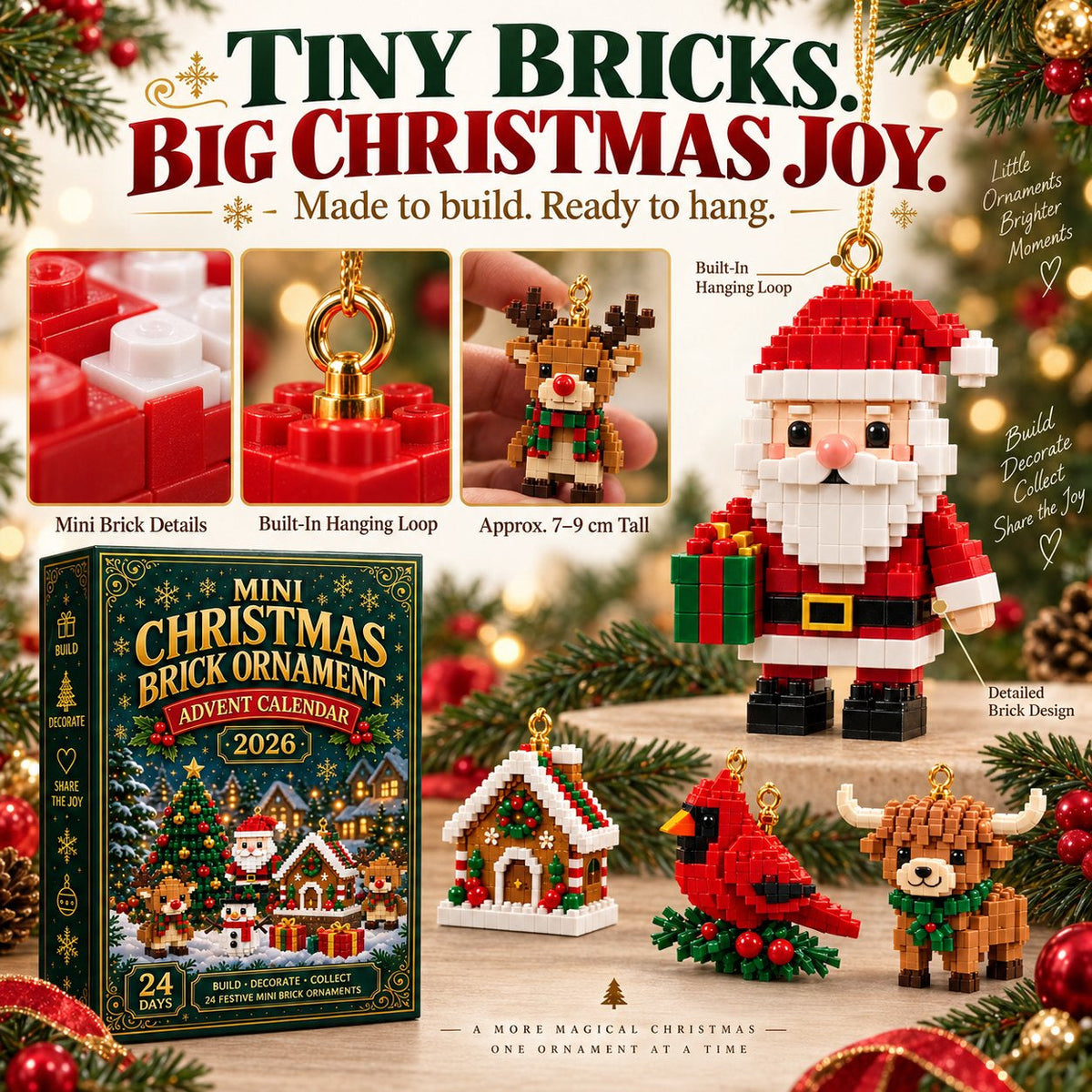 🎄Christmas Building Block Advent Calendar – 24 Mini Festive Ornaments