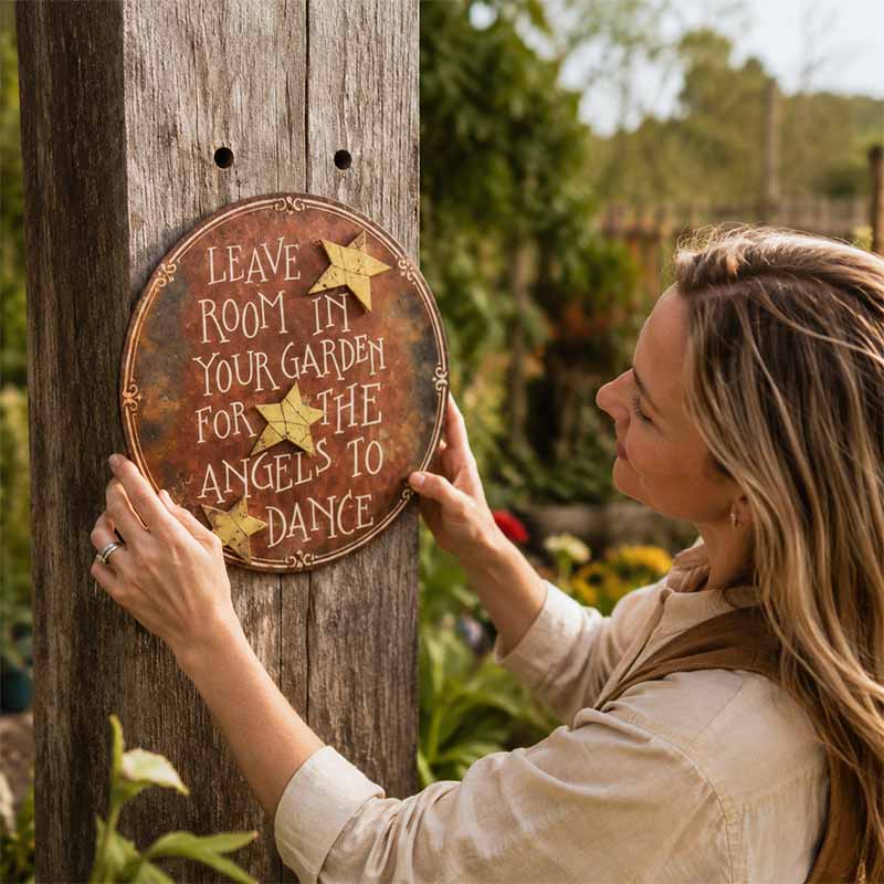 Vintage Round Metal Garden Sign | Leave Room In Your Garden For The Angels To Dance Wall Plaque