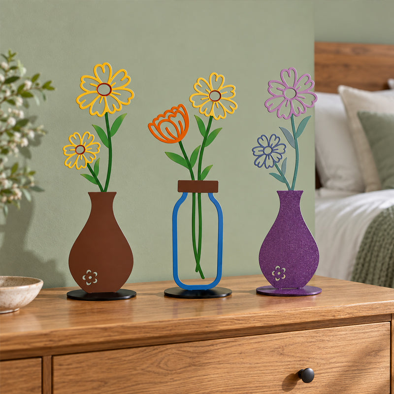 Decorative Floral Vase Ornament | Wooden Flower Vase Tabletop Decor, Daisy Tulip Ornament for Shelf & Desk
