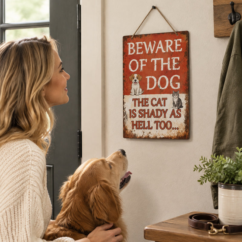 Funny Vintage Metal Sign | Beware Of The Dog, The Cat Is Shady Too | Garden Gate Wall Plaque