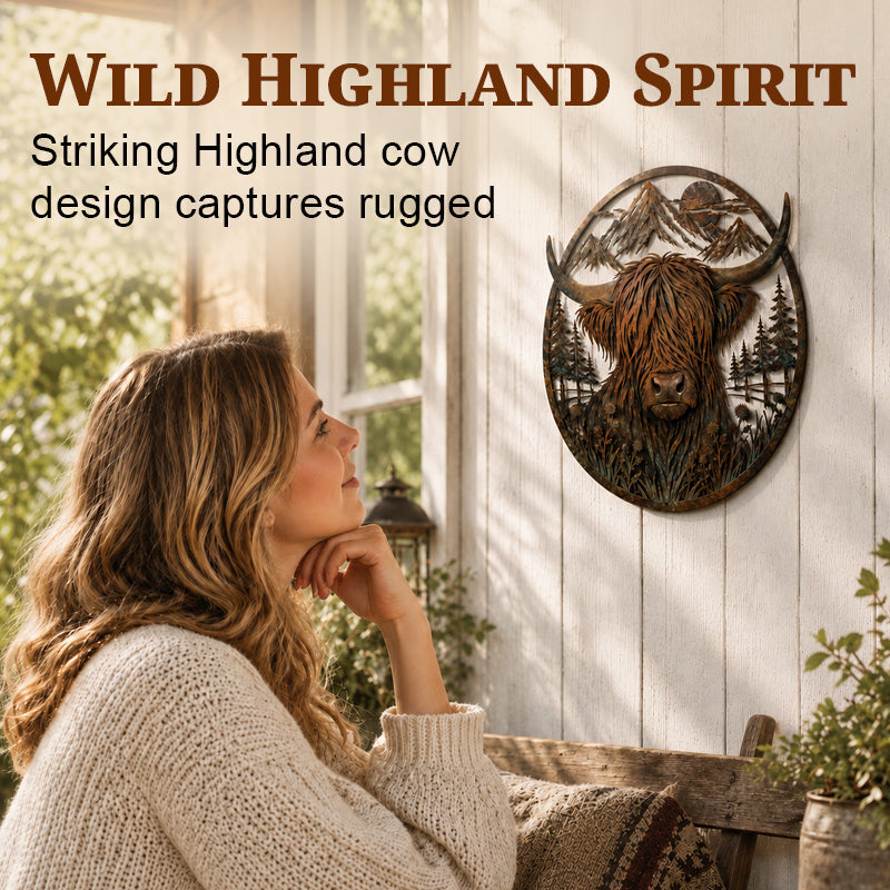 Rustic Highland Cow Mountain Scene Metal Wall Art | Indoor & Garden Wall Plaque