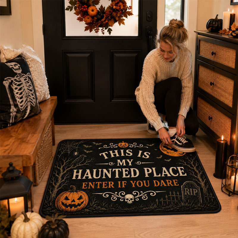 Vintage Halloween Haunted Place Doormat – Spooky Front Door Welcome Mat