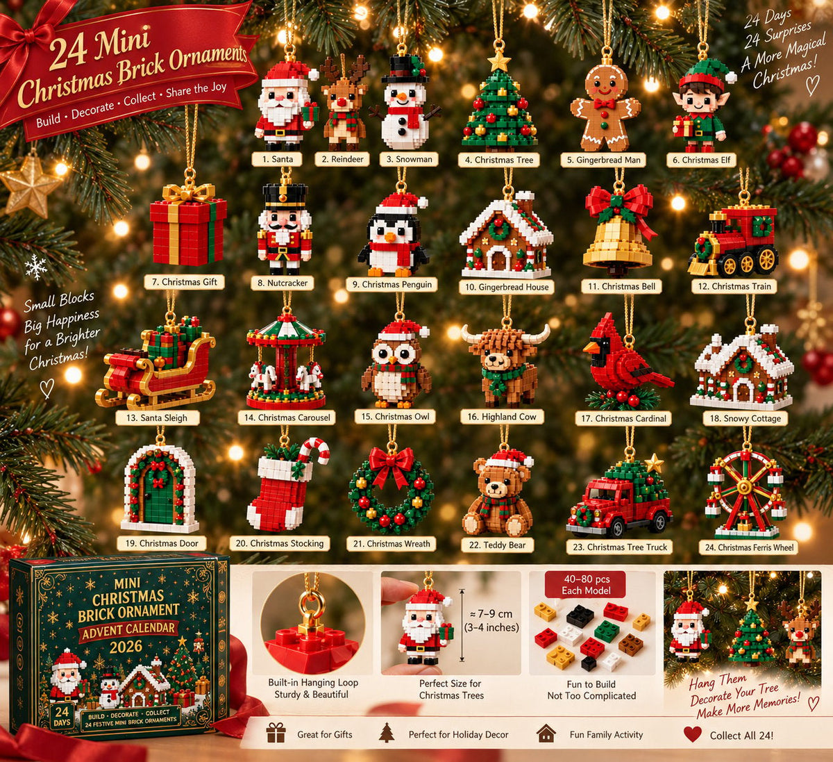 🎄Christmas Building Block Advent Calendar – 24 Mini Festive Ornaments
