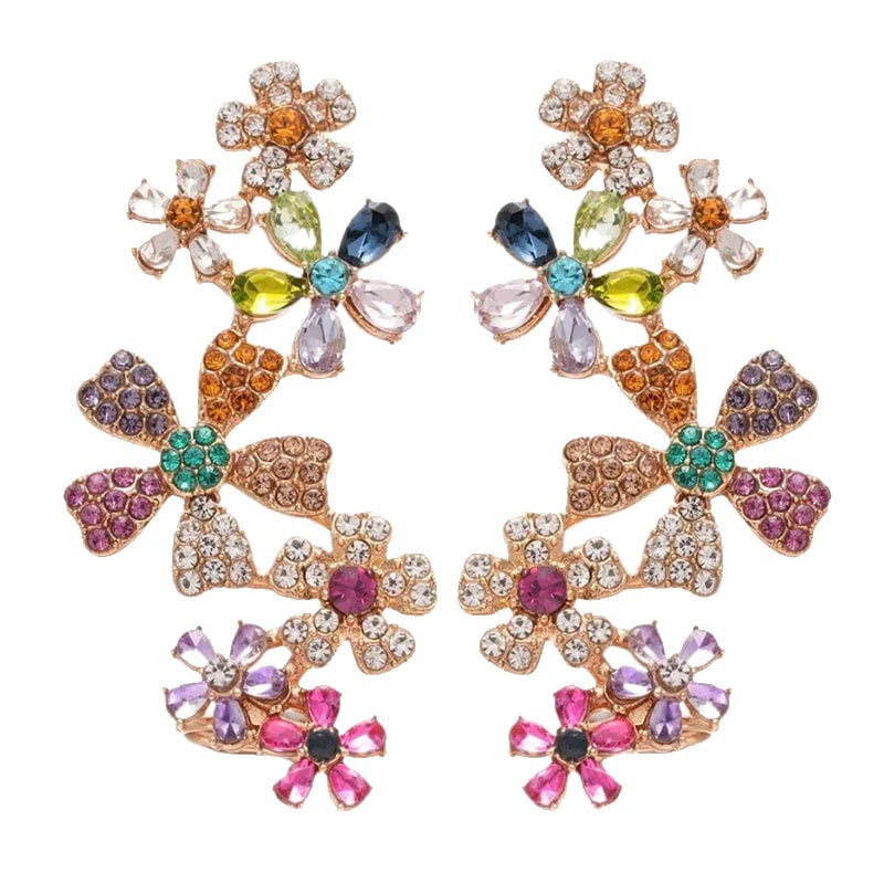 🌸Vibrant Floral Crawler Earrings – Multicolor Rhinestone, Lightweight, Hypoallergenic 💎