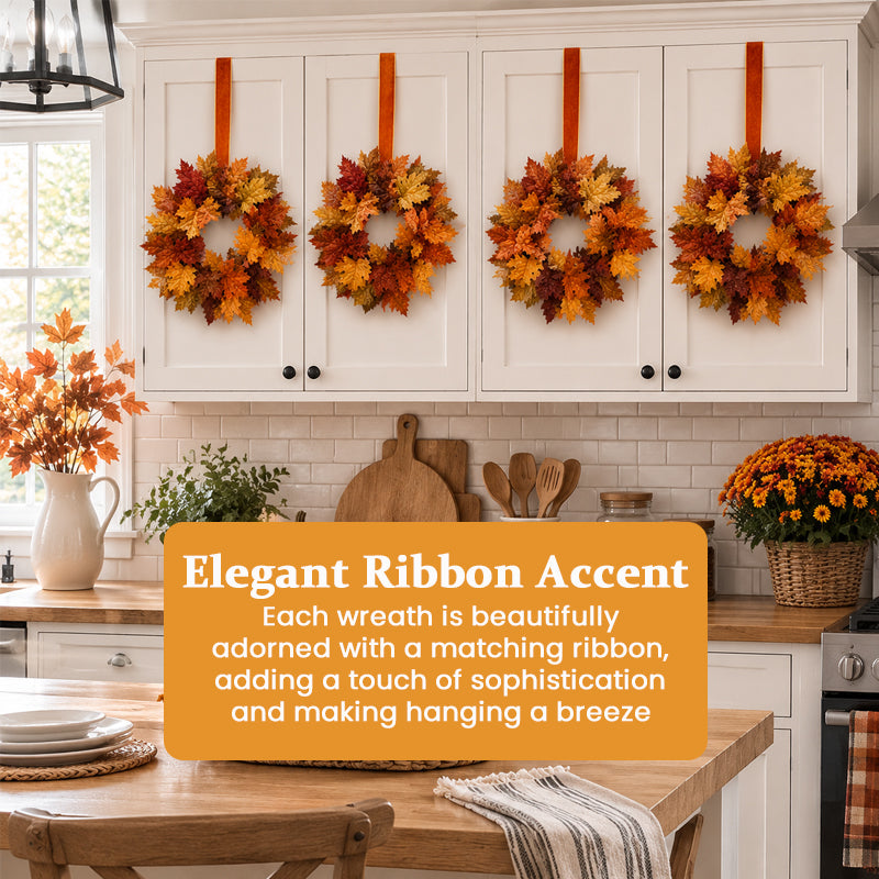 Autumn Maple Leaf Wreath with Ribbon | Cosy Fall Kitchen Cabinet Decor For UK Homes