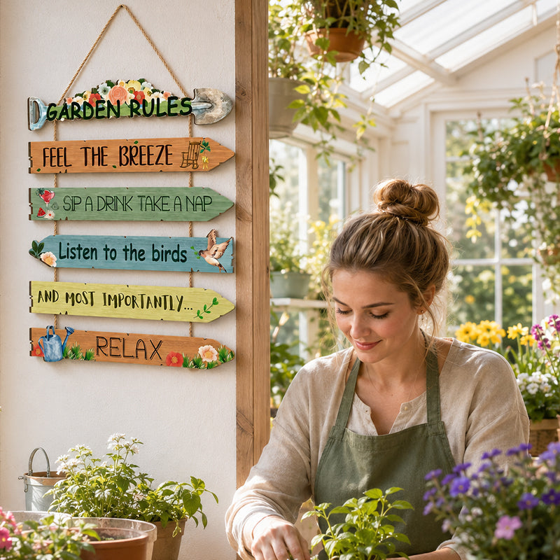 Garden Rules Wooden Hanging Sign – Cosy Cottage Garden Wall Décor 🌿🏡
