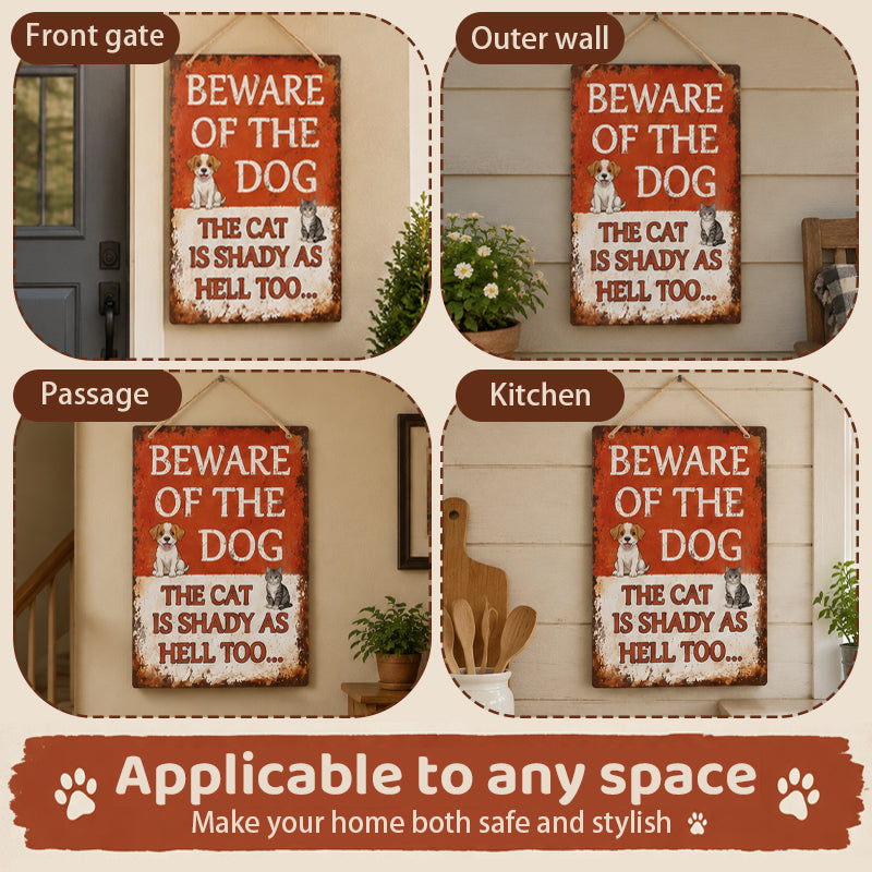 Funny Vintage Metal Sign | Beware Of The Dog, The Cat Is Shady Too | Garden Gate Wall Plaque