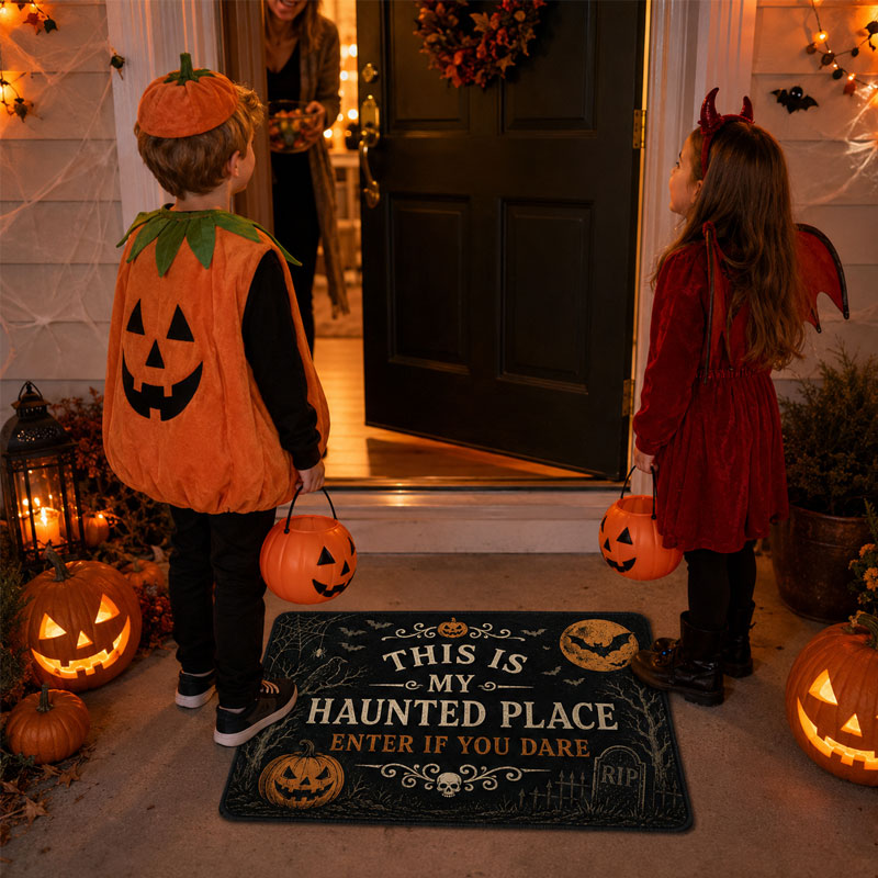 Vintage Halloween Haunted Place Doormat – Spooky Front Door Welcome Mat