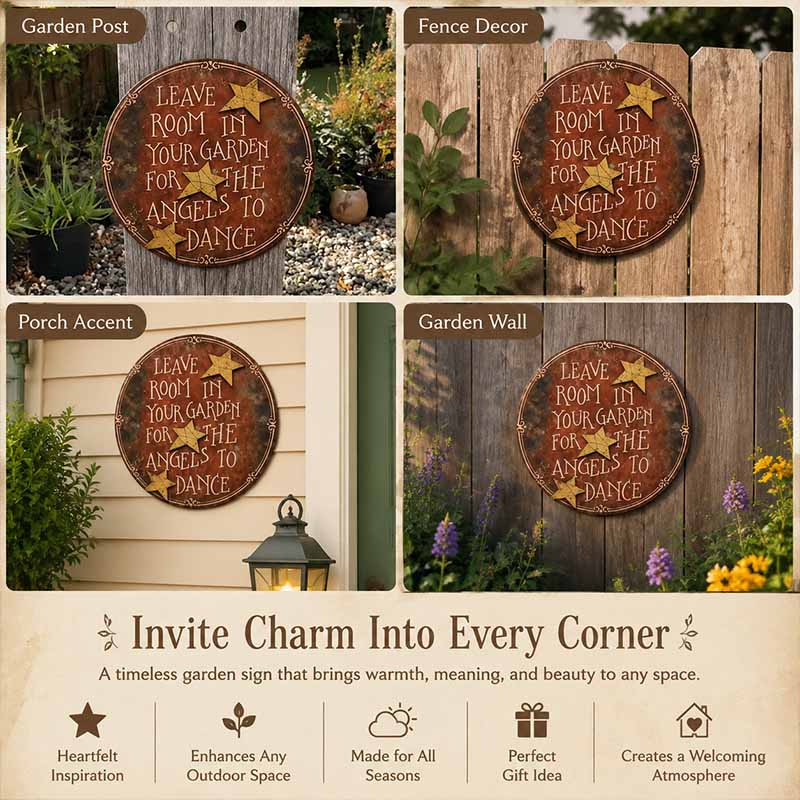 Vintage Round Metal Garden Sign | Leave Room In Your Garden For The Angels To Dance Wall Plaque