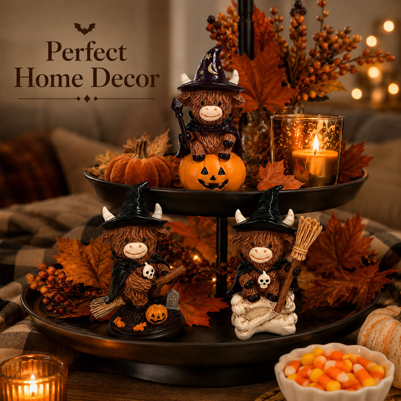 Vintage Highland Cow Halloween Decor Ornament – Rustic Highland Cow Autumn Garden Statue
