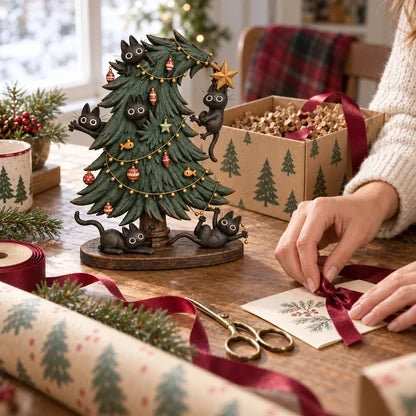 🐈🎄 Mischievous Black Cats Christmas Tree Figurine – Perfect Festive Decor for Cat Parents!