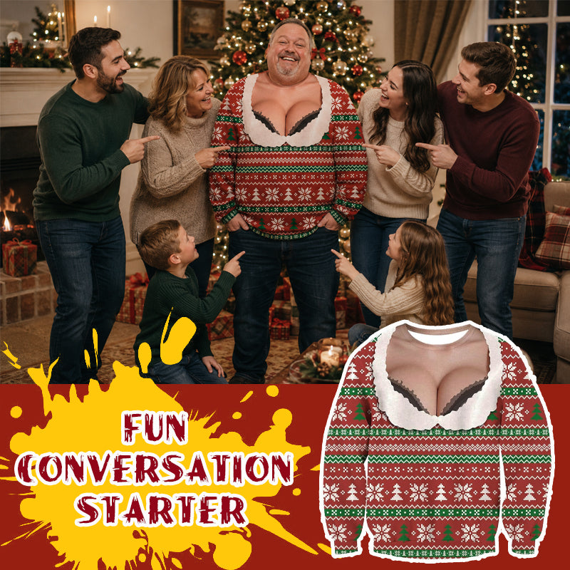 Men’s Funny 3D Fake‑Cleavage Ugly Christmas Jumper | Novelty Xmas Party Sweater